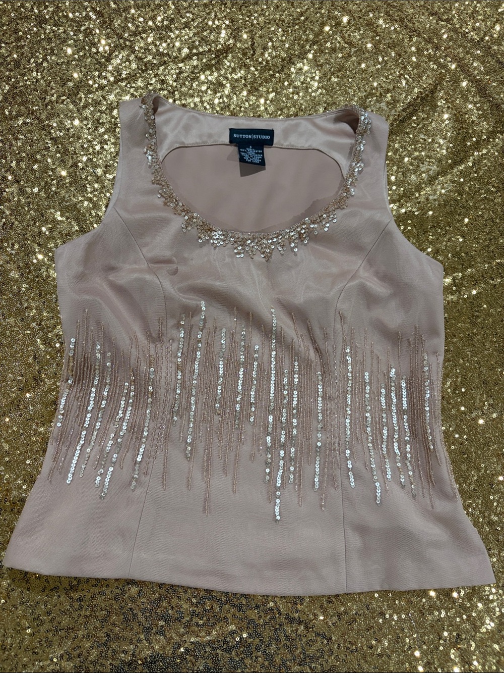 Sutton Studio Tan Sequin & Bead Sleeveless Camisole